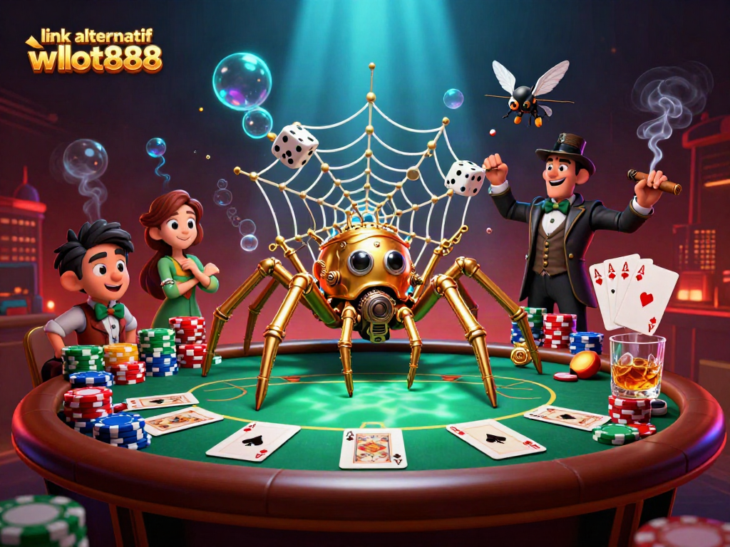 Menerima jackpot dengan link alternatif wslot888, ilustrasi steampunk kasino berwarna-warni.