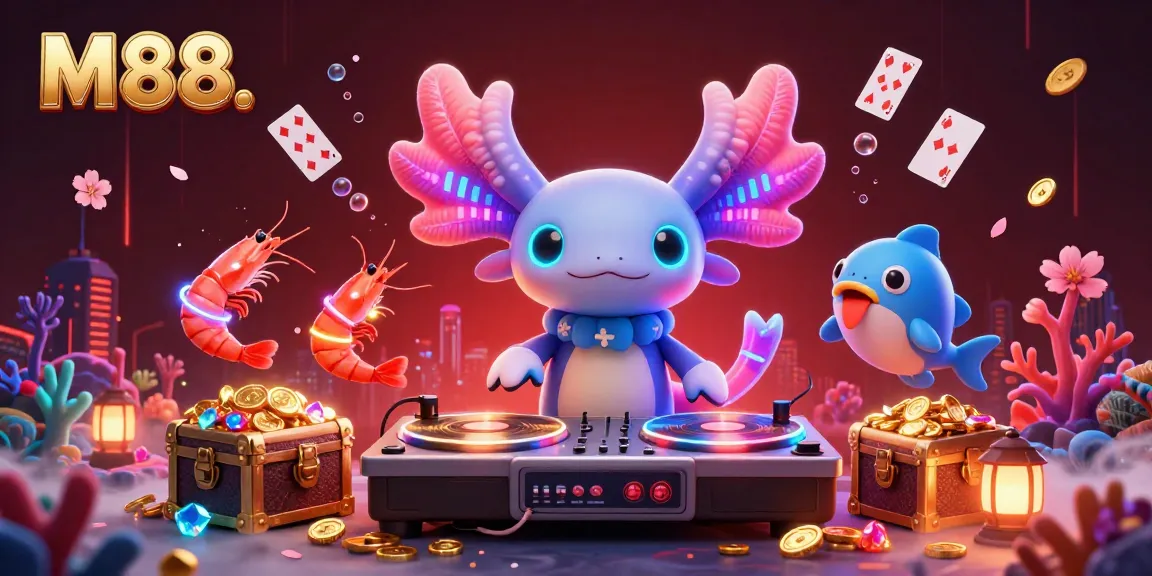 M88 invites players to a vibrant underwater casino experience with a neon axolotl DJ.