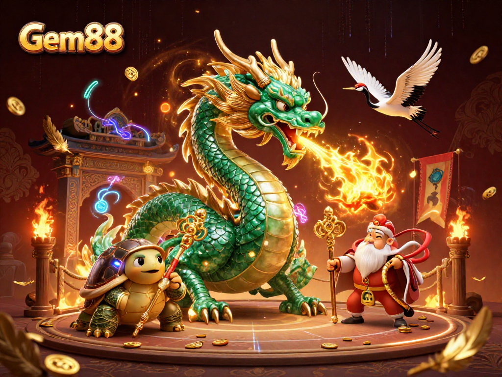 Engage with Gem88's thrilling casino atmosphere featuring a jade dragon and vibrant characters.