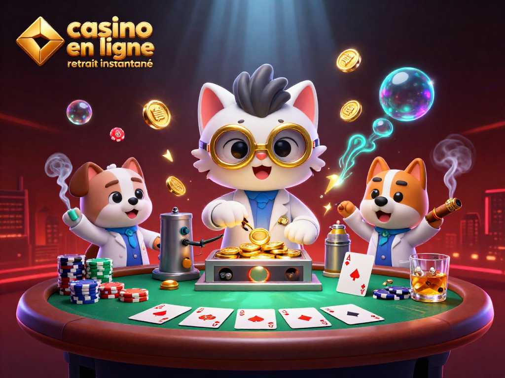 Vivez le frisson du casino en ligne retrait instantané avec des personnages animés créant une machine à pièces d'or.