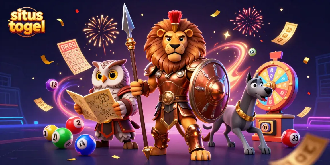 Situs togel lottery scene with Spartan lion, tactical owl, and swift greyhound amidst colorful game elements