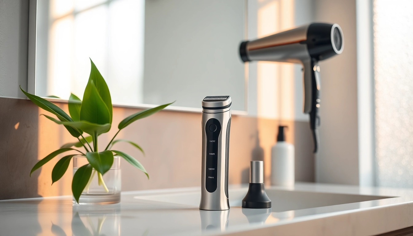 Experience Laifentech's innovative electric shaver and hair dryer in a modern bathroom setting.
