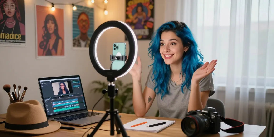 Snapchat amateur content creator recording videos in a vibrant home studio.