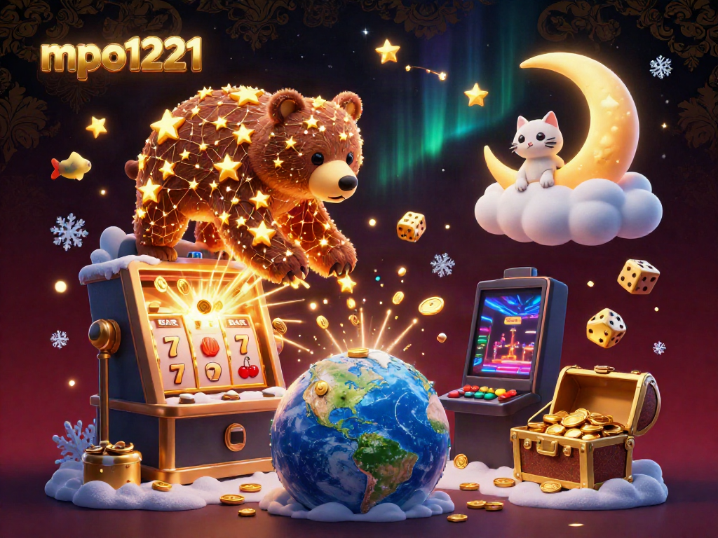 Engage with mpo1221 through this vibrant casino-themed illustration showcasing a jackpot explosion and joyful characters.