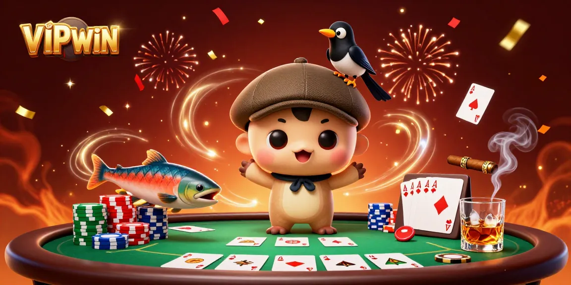 Experience the excitement of VIPWIN with a playful cartoon scene full of poker thrills and colorful characters.