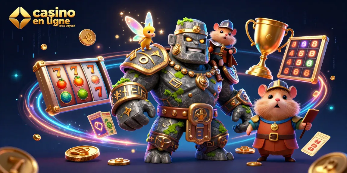 Visualisation dynamique de casino en ligne le plus payant avec un golem gardien et des éléments de machines à sous.