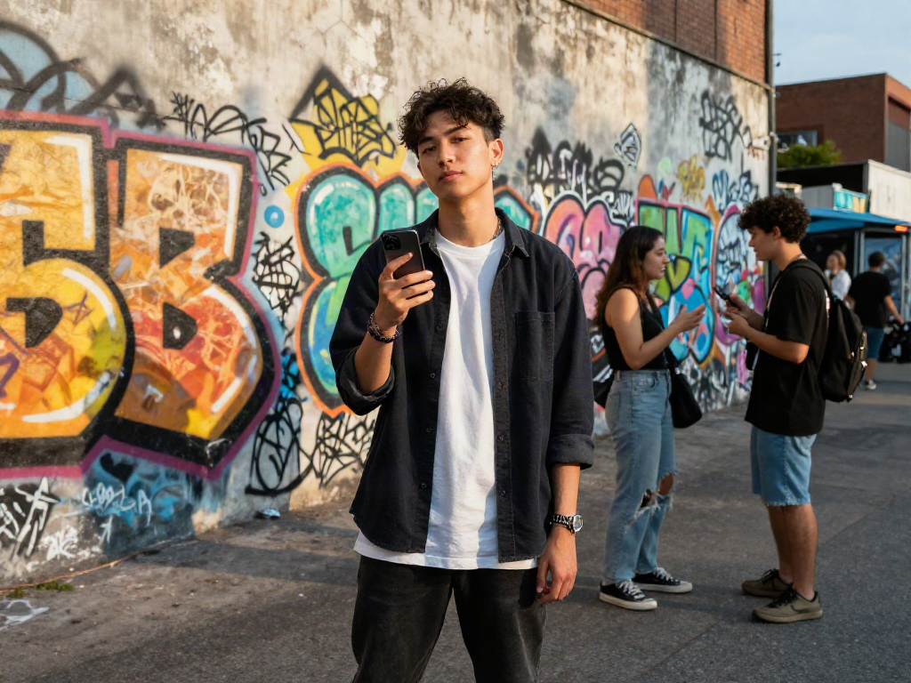 Test of attractiveness: Young adult confidently posing in stylish casual wear against a colorful street art backdrop.