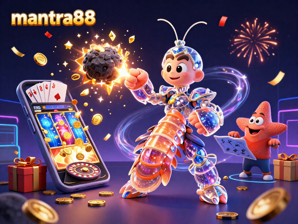 Engage with mantra88's thrilling online gaming world as the mantis shrimp celebrates winning gems amidst vibrant casino elements.