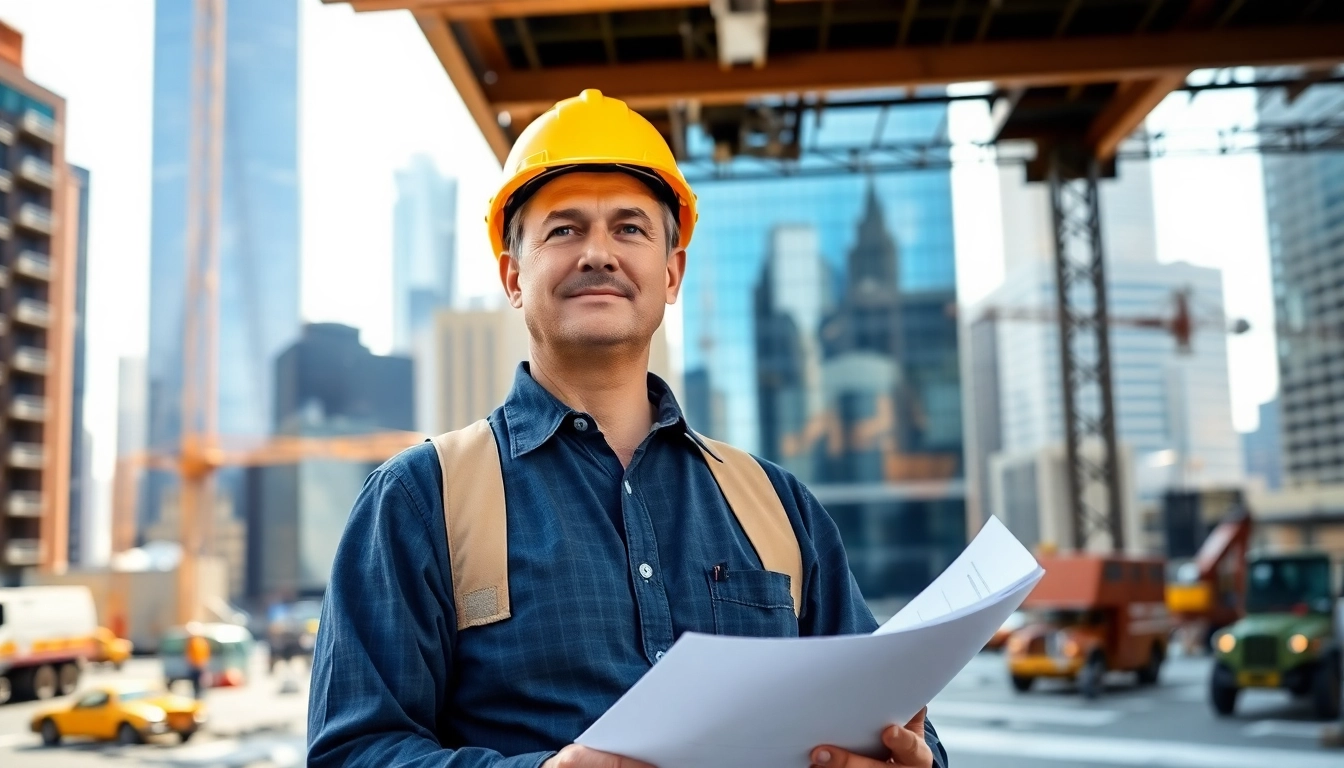 Dynamic New York City Construction Manager overseeing an active construction site.