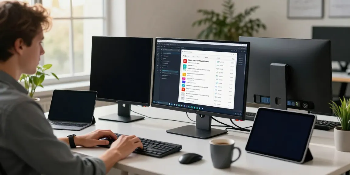 AI content generation from RSS feeds analyzed in a modern workspace with multiple screens and data visualization.