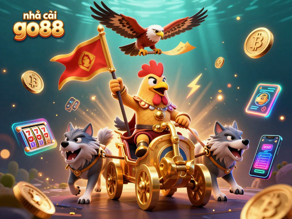 Join the action at nhà cái go88 with a dynamic scene featuring a rooster warlord and crypto elements.