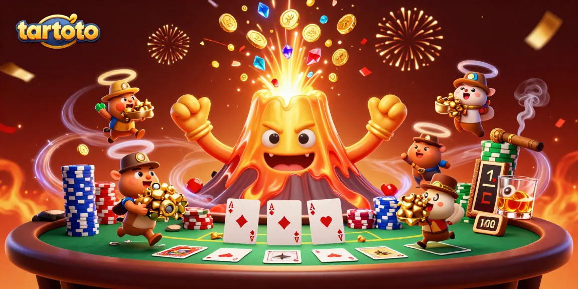 Win big with tartoto's thrilling casino experience featuring gold erupting volcano and poker excitement!