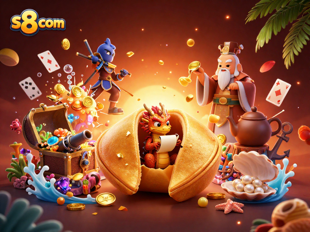 Spin and win at s8 com with a golden cookie dragon guarding treasures in this vibrant casino scene.
